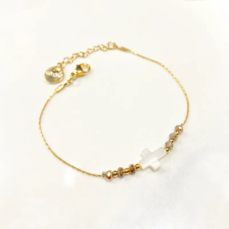 [BRCROIX_GREY] Bracelet LITCHI - "Croix de nacre Grey"
