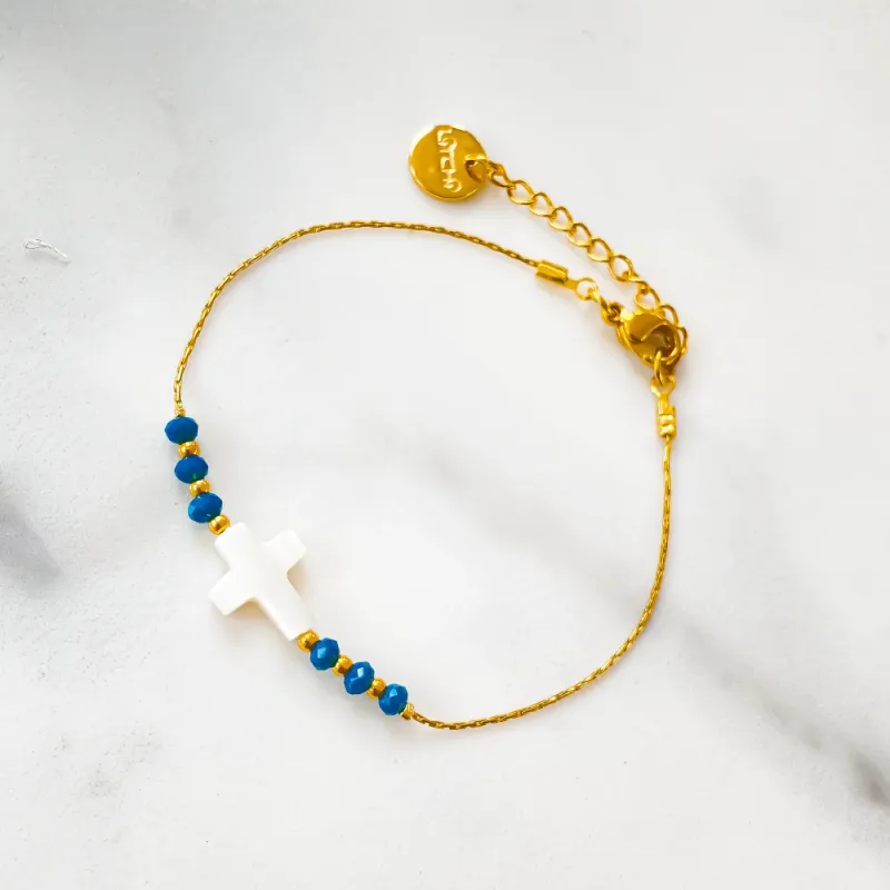 Bracelet LITCHI - "Croix de nacre" turquoise